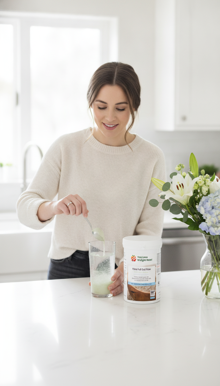 A White woman mixes Fibre Full Gut Flow powder into a glass in a bright kitchen with fresh flowers on the counter. YouLoseWeightNow!