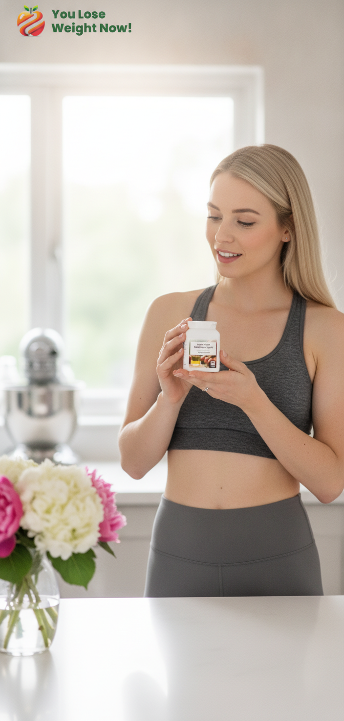 A White woman in her late twenties in a bright modern kitchen in the morning, holding the Apple Cider Metabolism Ignite flat pot in activewear, fresh-faced. A vase with beautiful fresh flowers on the kitchen counter. The YouLoseWeightNow! logo is visible in the top left corner of the image.