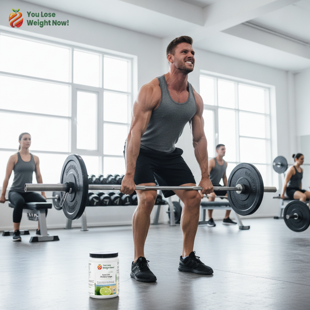 A muscular White male athlete in his late twenties performs a heavy barbell deadlift in a bright modern gym with floor-to-ceiling windows, the round BCAA 2:1:1 Citrulline Surge supplement pot placed on the floor beside the barbell. The YouLoseWeightNow! logo is visible in the top left corner of the image.