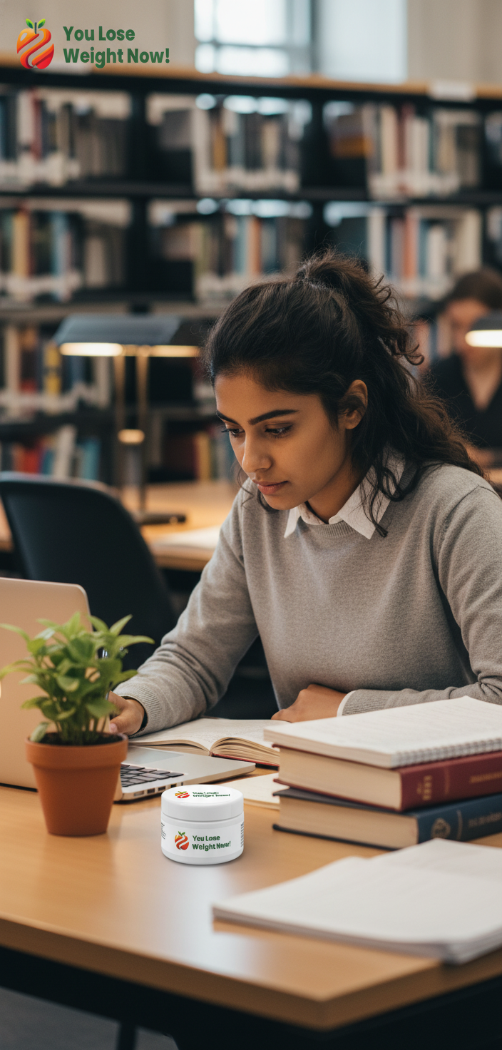 A focused South Asian woman in her early 20s studies at a university library desk with the Zinc Caprylic GI Cleanse flat postal pot visible alongside her laptop, plants and greenery in the background. The YouLoseWeightNow! logo is visible in the top left corner of the image.