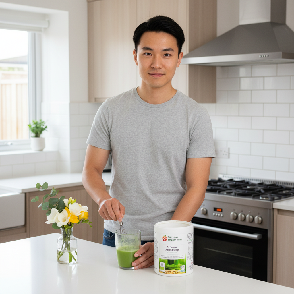 Man mixing 35 Greens Organic Surge in kitchen — organic superfoods powder by YouLoseWeightNow!
