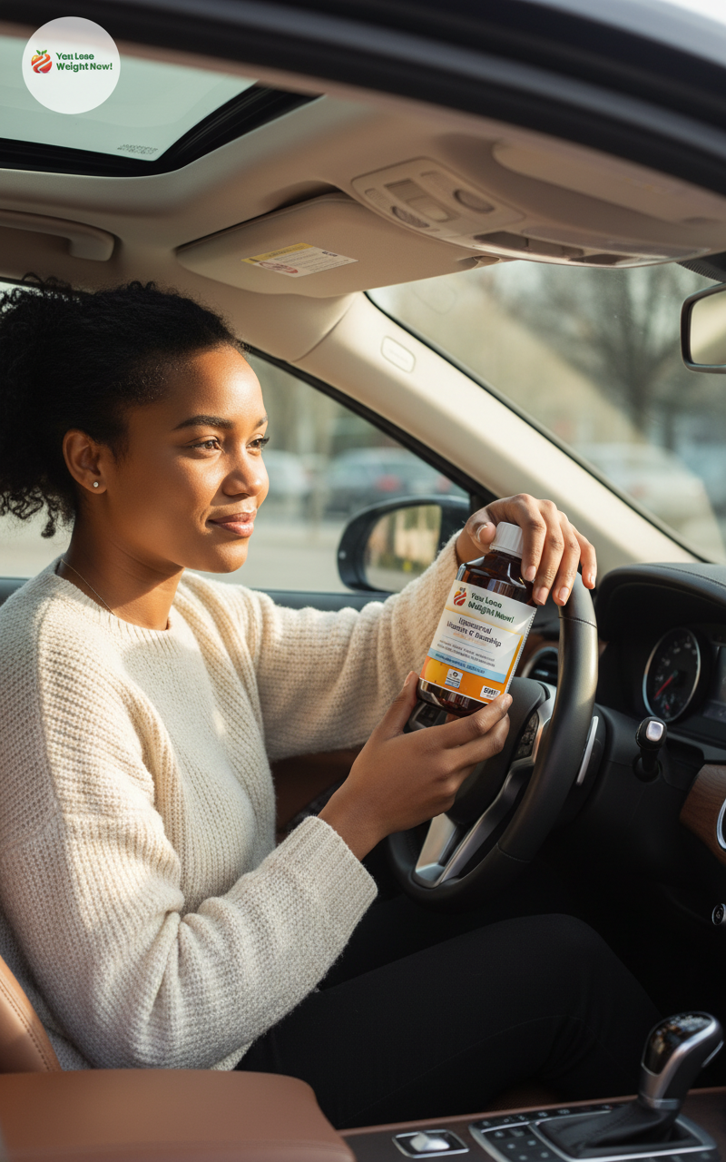 Young Black woman sitting in a car holding the YouLoseWeightNow! Liposomal Vitamin C Rosehip Surge amber bottle, morning light through window, premium editorial photography