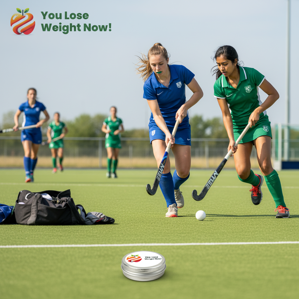A young White woman and a young South Asian woman in full hockey kit play energetically on a grass hockey pitch, with the YouLoseWeightNow! Women's Cycle Balance Glow supplement pot visible in the foreground. The YouLoseWeightNow! logo is visible in the top left corner of the image.
