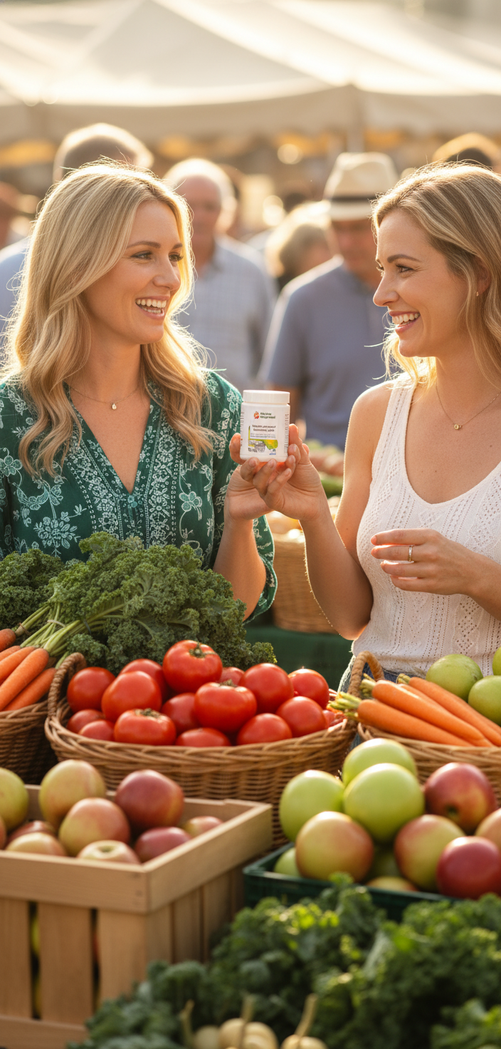 Two women at a vibrant farmers market with Garcinia Cambogia Metabolism Ignite supplement pot — lifestyle image for YouLoseWeightNow!