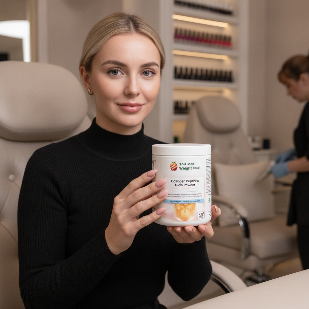 A White woman in her late twenties sits in a luxury nail salon, freshly manicured nails on display, holding a YouLoseWeightNow! Collagen Peptides Glow Powder round pot. Her skin is radiant, the interior warm and plush. Editorial beauty magazine quality.