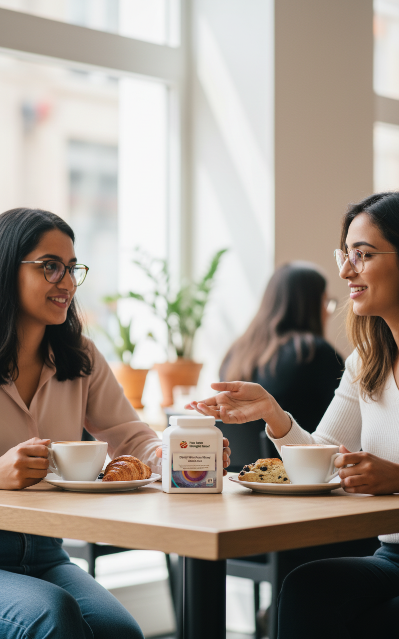 Two women wearing glasses at a café brunch with Lutein Zeaxanthin Eye Glow supplement tub on the table