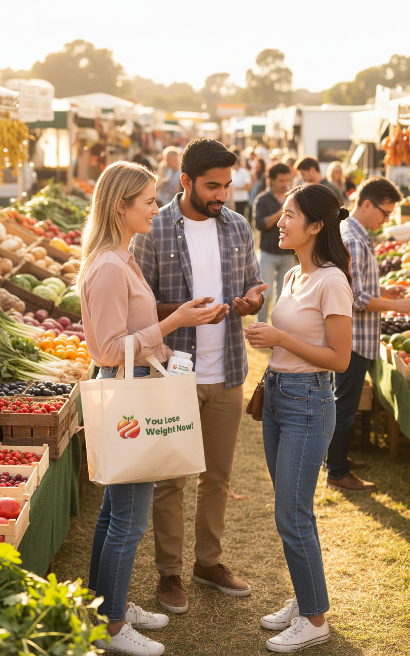 Mixed group of friends at an outdoor farmers market holding a YouLoseWeightNow! branded shopping bag and Turmeric Glucosamine Joint Flow supplement pot