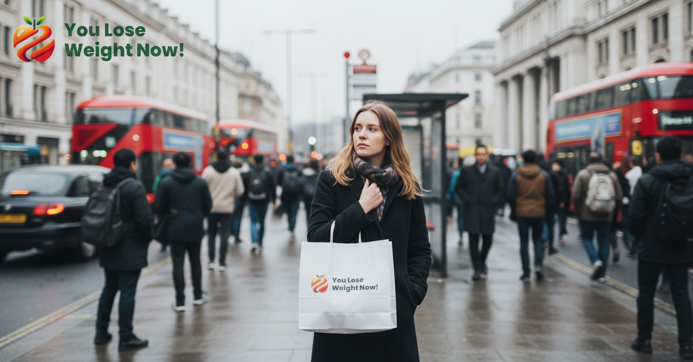 A young White woman in her mid-20s stands at a busy London bus stop on a grey morning, holding a branded YouLoseWeightNow! shopping bag. A crowd of commuters rushes past on the pavement, red buses and heavy traffic visible in the background. The YouLoseWeightNow! logo is visible in the top left corner of the image.