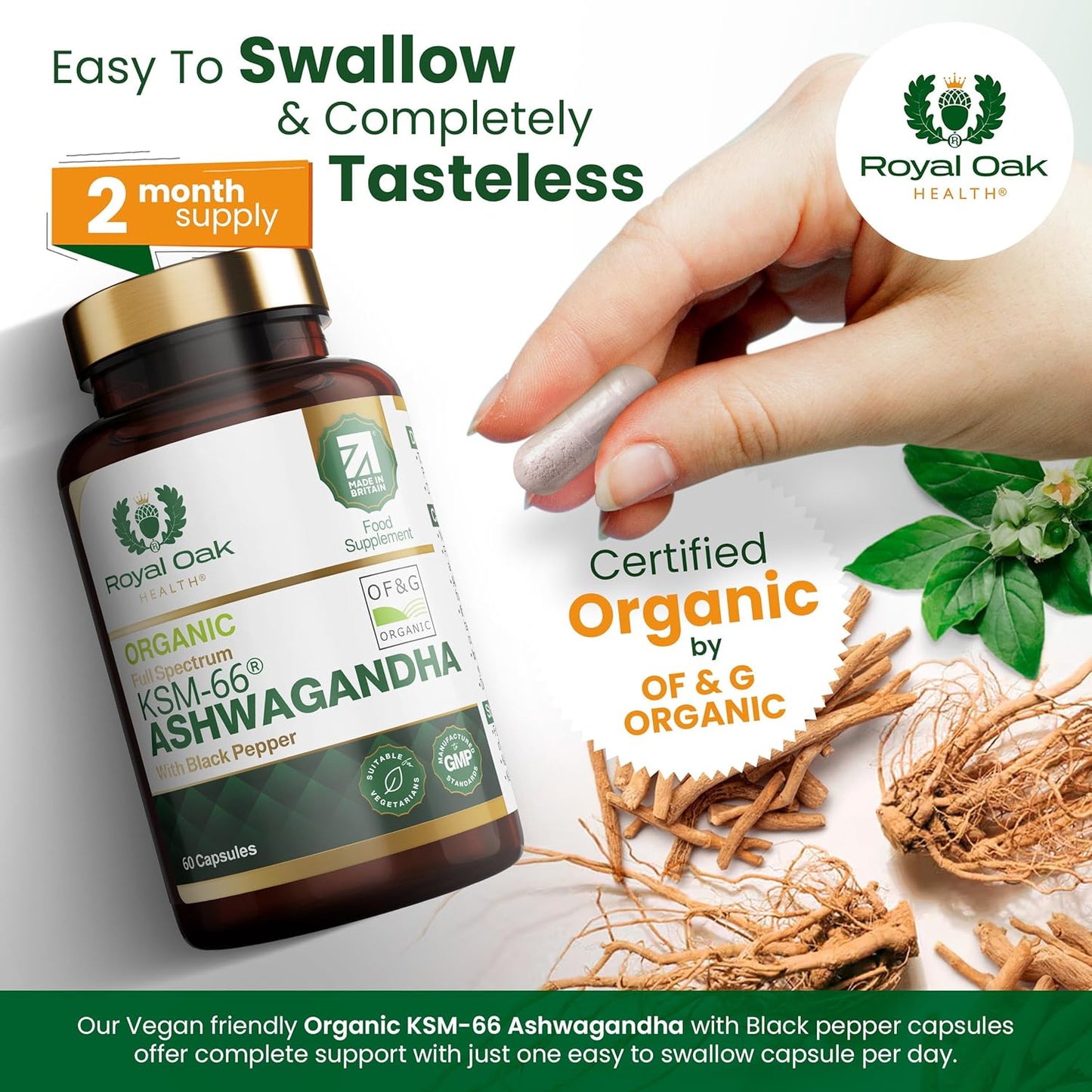 Organic High Concentration Full Spectrum KSM-66 ASHWAGANDHA with 5% Withanolides and Black Pepper, Made in Britain by , 60 Capsules