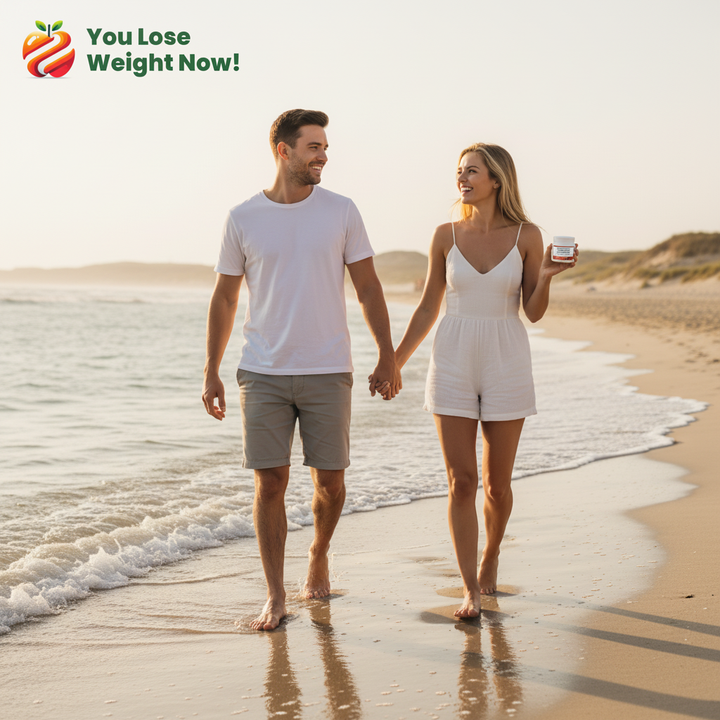 A White couple strolling hand in hand along a sun-drenched beach, the woman holding a YouLoseWeightNow! Glucomannan Thermogenic Chromium Ignite pot casually in her free hand. The YouLoseWeightNow! logo is visible in the top left corner of the image.