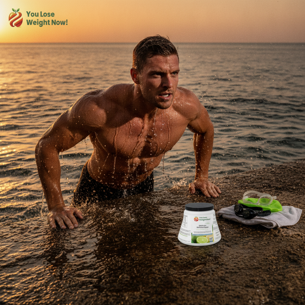 A White male swimmer in his late twenties emerges powerfully from open water, muscles defined and water cascading off his shoulders, with the BCAA 2:1:1 Citrulline Surge supplement pot resting on a rock at the water's edge beside his kit. The YouLoseWeightNow! logo is visible in the top left corner of the image.