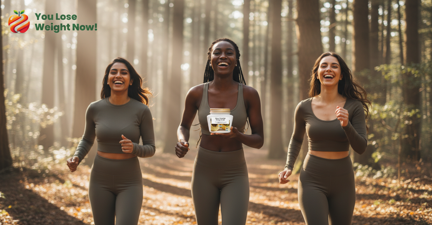 Three young women — Black, South Asian, and White — running together through a sunlit forest trail, one holding YouLoseWeightNow! Maca Ginseng Energy Surge flat pot