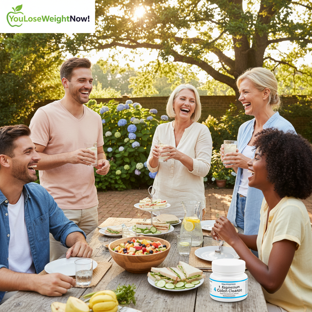 A lively family garden party on a sunny afternoon — a mixed group of 4-5 people across two generations looking energetic and happy, laughing and holding drinks, with the YouLoseWeightNow! 4 Magnesium Colon Cleanse pot visible on the garden table. The YouLoseWeightNow! logo is visible in the top left corner of the image.