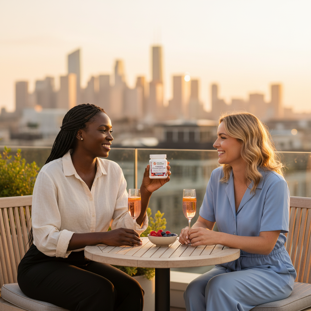 Two women on a rooftop terrace at golden hour with YouLoseWeightNow! D-Mannose Cranberry Flow Surge supplement pot