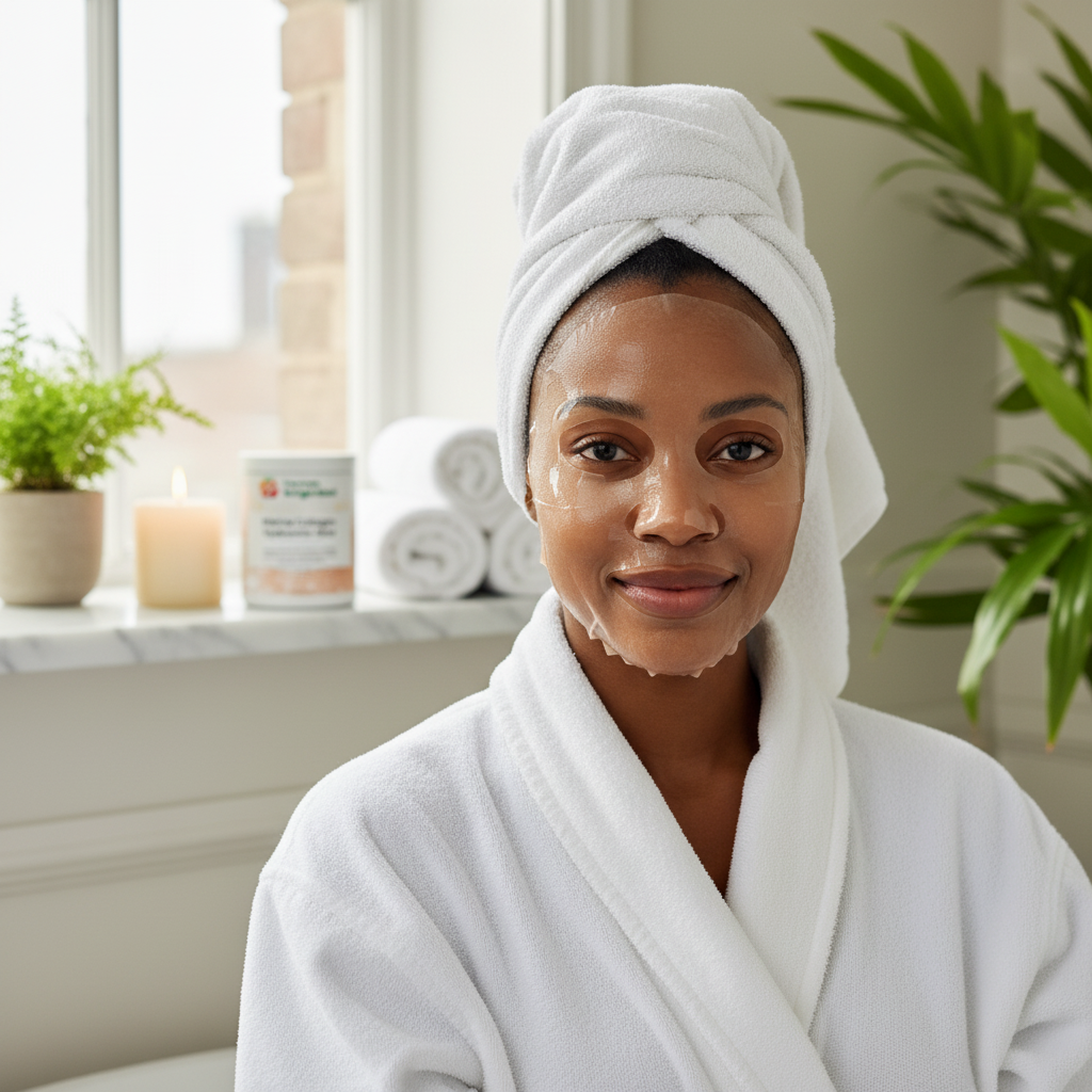 Black woman in spa bathroom with face mask, glowing healthy skin, YouLoseWeightNow! Marine Collagen Hyaluronic Glow supplement on shelf — luxury self-care and skin health lifestyle