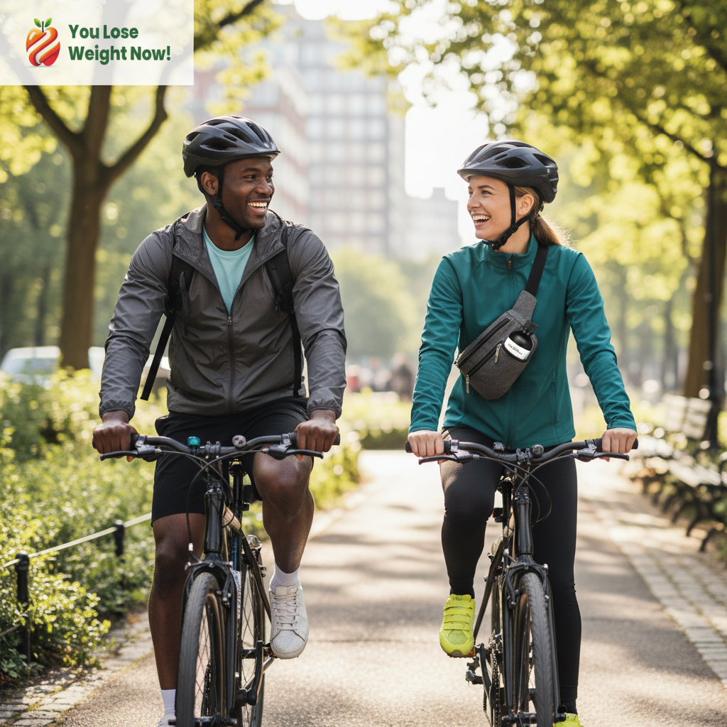 Black man and White woman cycling together on an urban street, YouLoseWeightNow! dropper bottle visible, lifestyle photography