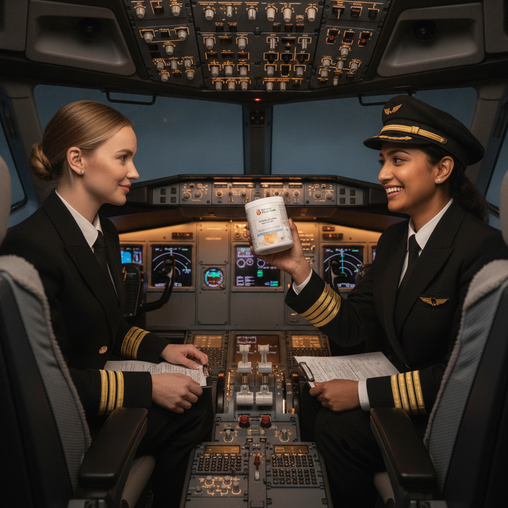 Two female pilots — one White, one South Asian — in their late twenties sit in the cockpit of a commercial aircraft in full captain's uniforms with gold epaulette stripes and pilot caps. One holds a YouLoseWeightNow! Collagen Peptides Glow Powder round pot, grinning at her co-pilot. Cockpit instruments glowing in the background. Cinematic and empowering.