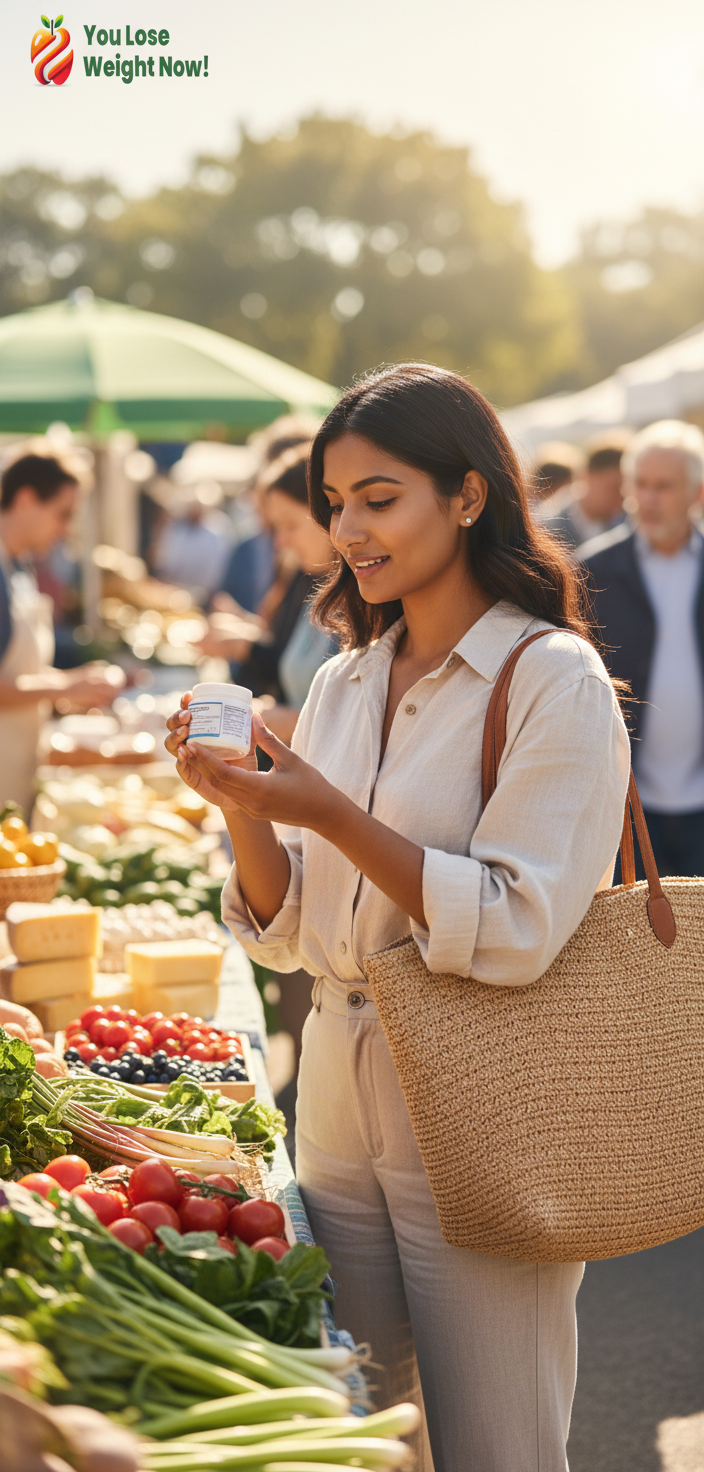 A glowing South Asian woman in her late 20s browsing a vibrant farmers market, holding the YouLoseWeightNow! 8 Strain Gut Biotic tiny flat supplement pot, tote bag over her shoulder, fresh produce stalls in the background. The YouLoseWeightNow! logo is visible in the top left corner of the image.