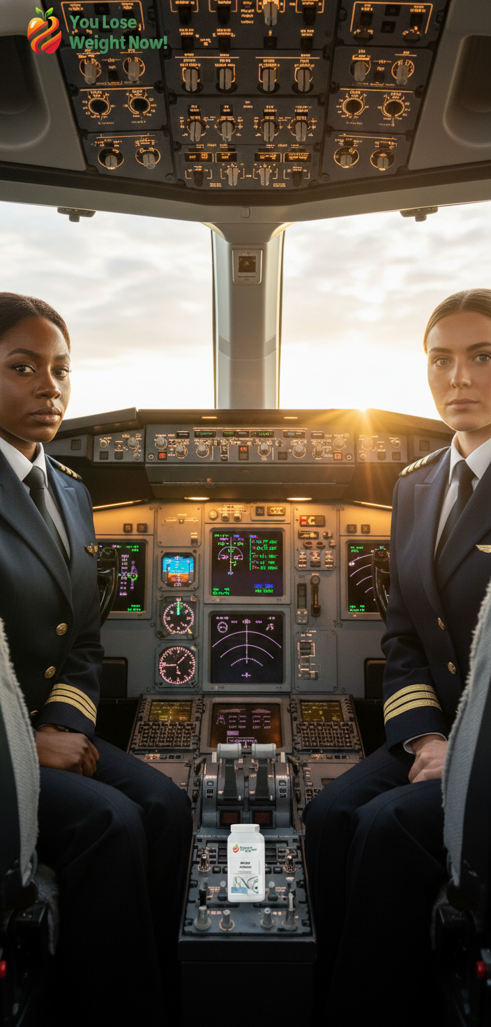 A Black female pilot and a White female co-pilot in a commercial aircraft cockpit, both in full uniform, confident and focused, a tiny flat wide-lidded YouLoseWeightNow! 20 Billion Gut Biotic supplement pot visible on the console between them. The YouLoseWeightNow! logo is visible in the top left corner of the image.