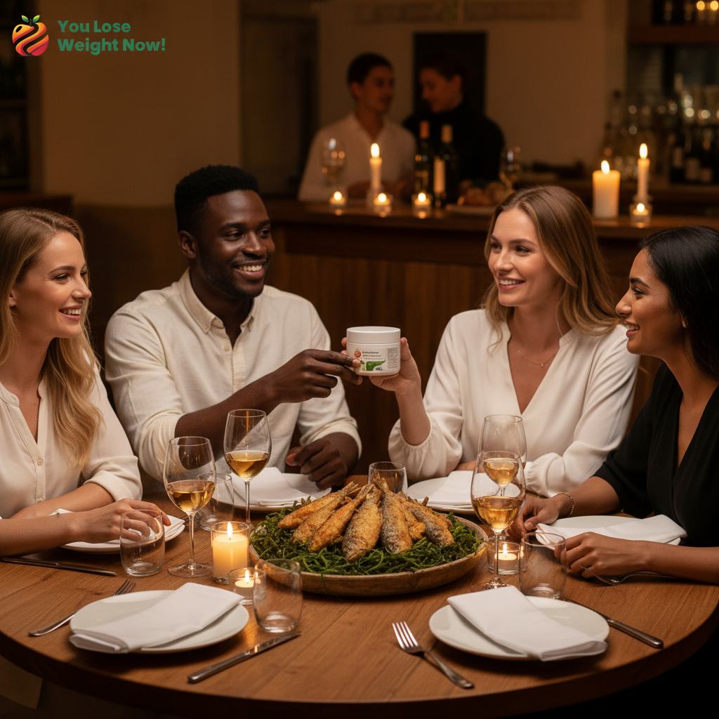 Four friends — two White women, one Black man, one South Asian woman — seated around a beautifully laid dining table with a large platter of golden fried fish on a bed of fresh seaweed, one person raising the YouLoseWeightNow! Seaweed Iodine Thyroid Surge pot in a toast. The YouLoseWeightNow! logo is visible in the top left corner of the image.