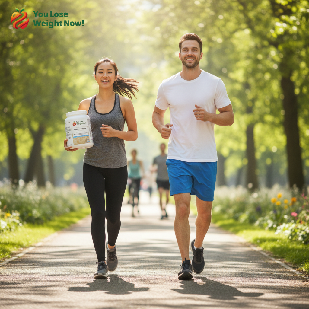 A White male and an East Asian female in their late twenties jog together through a sunny urban park, one holding a 1500ml white round barrel supplement pot, other runners visible in the background. The YouLoseWeightNow! logo is visible in the top left corner of the image.