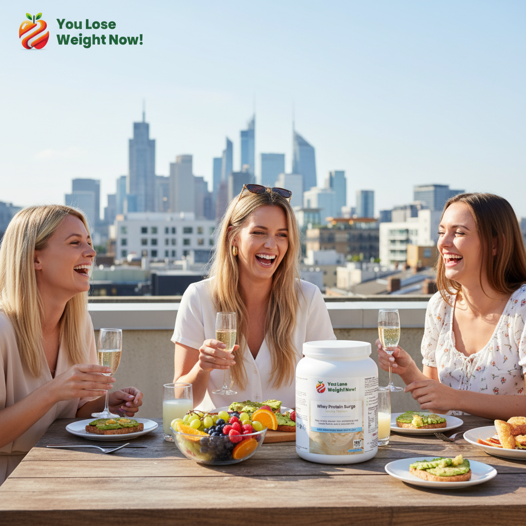 Three White women in their mid-twenties enjoy a sun-drenched rooftop brunch with mimosas and fresh fruit, one holding a 1500ml white round barrel supplement pot on the table, city skyline in the background. The YouLoseWeightNow! logo is visible in the top left corner of the image.