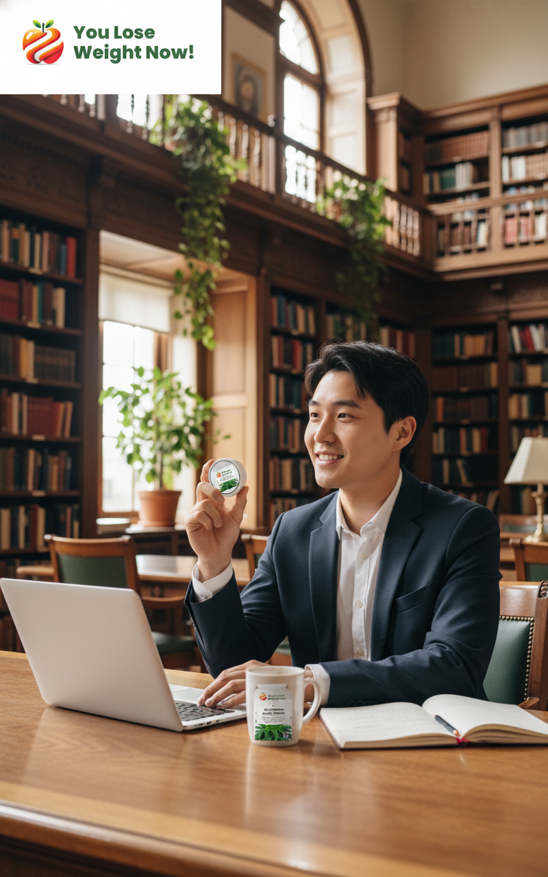 An East Asian male student in his early 20s sitting at a university library desk, holding the YouLoseWeightNow! Aloe Cayenne Bowel Cleanse pot with a knowing smile, supplement pot visible beside his coffee and notebook. The YouLoseWeightNow! logo is visible in the top left corner of the image.
