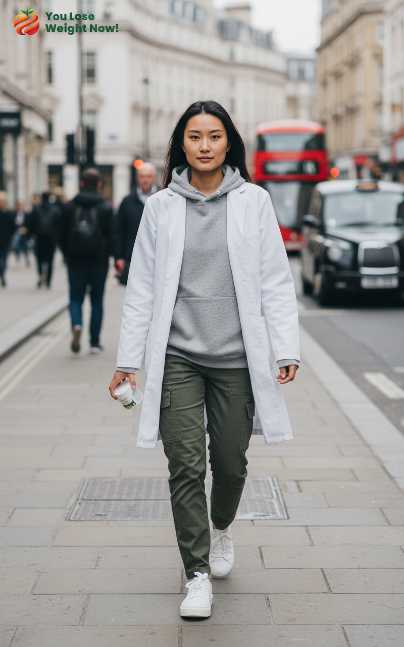 East Asian woman in a styled lab coat over streetwear walking through a busy London high street holding a YouLoseWeightNow! NAC Artichoke Liver Flow flat supplement pot — lifestyle shot