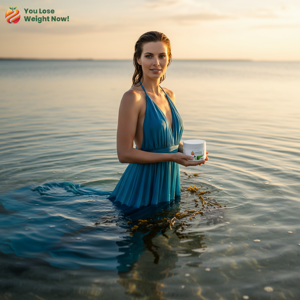 A striking White woman in flowing ocean-blue fabric standing waist-deep in crystal clear sea water, holding the YouLoseWeightNow! Seaweed Iodine Thyroid Surge flat postal pot above the water at golden hour. The YouLoseWeightNow! logo is visible in the top left corner of the image.