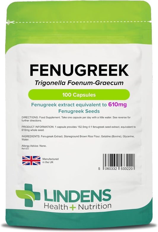 - Fenugreek 610Mg - 100 Capsules - One-A-Day - UK Made - Rich in Saponins (3+ Months Supply), Natural Herbal Food Supplement in Rapid Release, Easy to Swallow Capsule - Letterbox Friendly