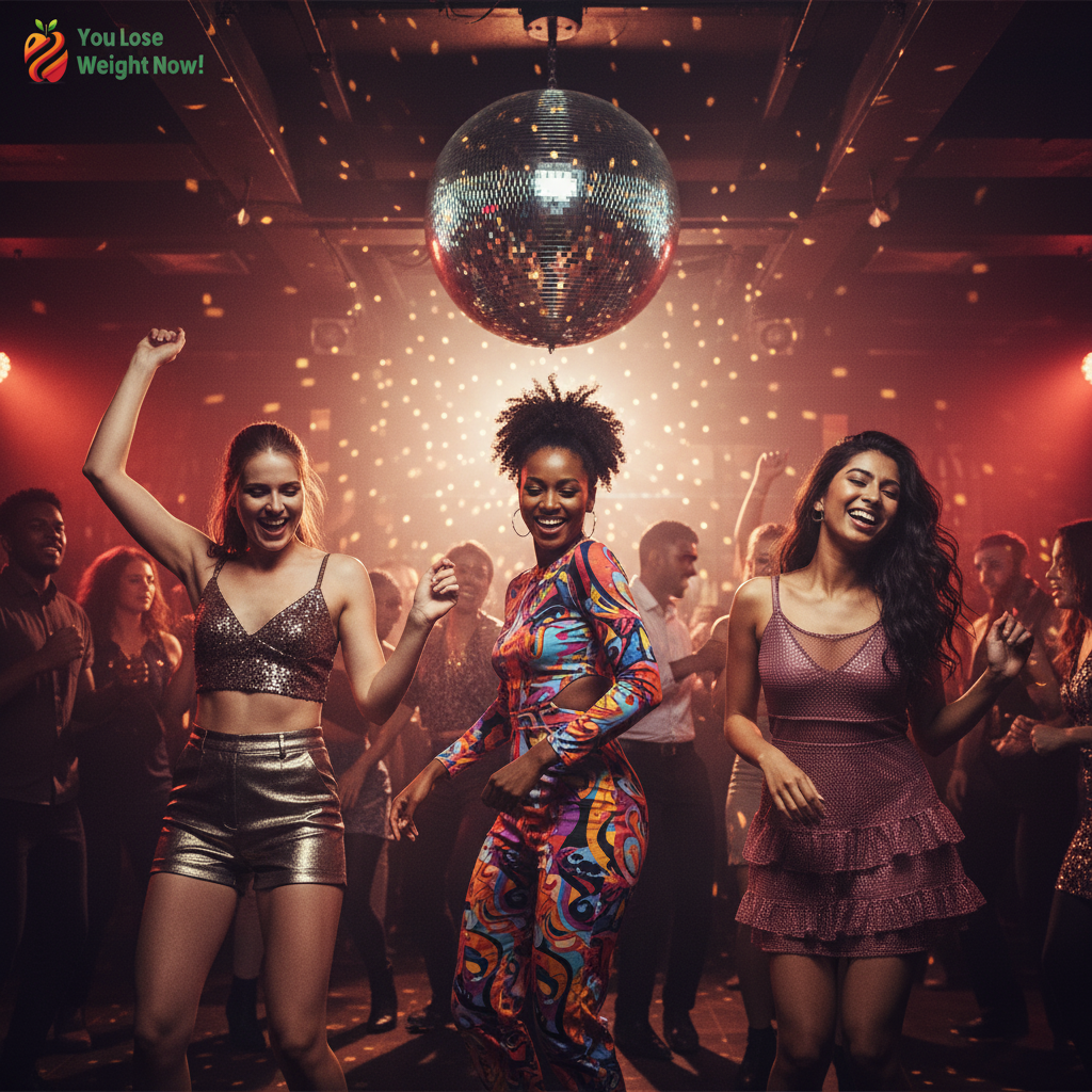 Three girlfriends — one White, one Black, one South Asian — dancing together on a packed club dancefloor with a glittering disco ball overhead and other dancers in the background. The YouLoseWeightNow! logo is visible in the top left corner of the image.
