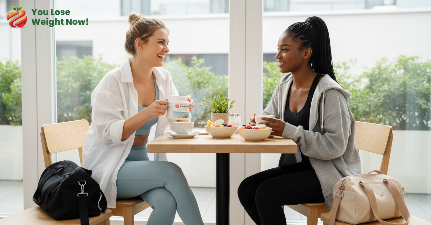 Two women in their mid-twenties — one White, one Black — sit at a bright café table after a morning workout in stylish athleisure. One holds the YouLoseWeightNow! Pure Creatine Monohydrate Surge pot, laughing with her friend over flat whites and fresh fruit. The YouLoseWeightNow! logo is visible in the top left corner of the image.