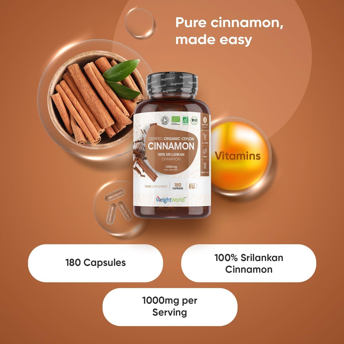 Organic Cinnamon Capsules 1000Mg - 180 Vegan Capsules - 3 Months Supply - Ceylon Cinnamon Powder - Soil Association Certified Supplement - GMO & Gluten Free