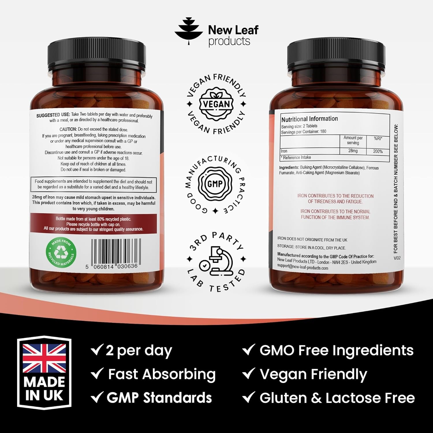 Gentle Iron Tablets 28Mg High Strength Ferrous Fumarate Iron - Vegan Iron Supplements for Men and Womens Health - Reduction in Tiredness and Fatigue, Supports Immune, Health and Energy