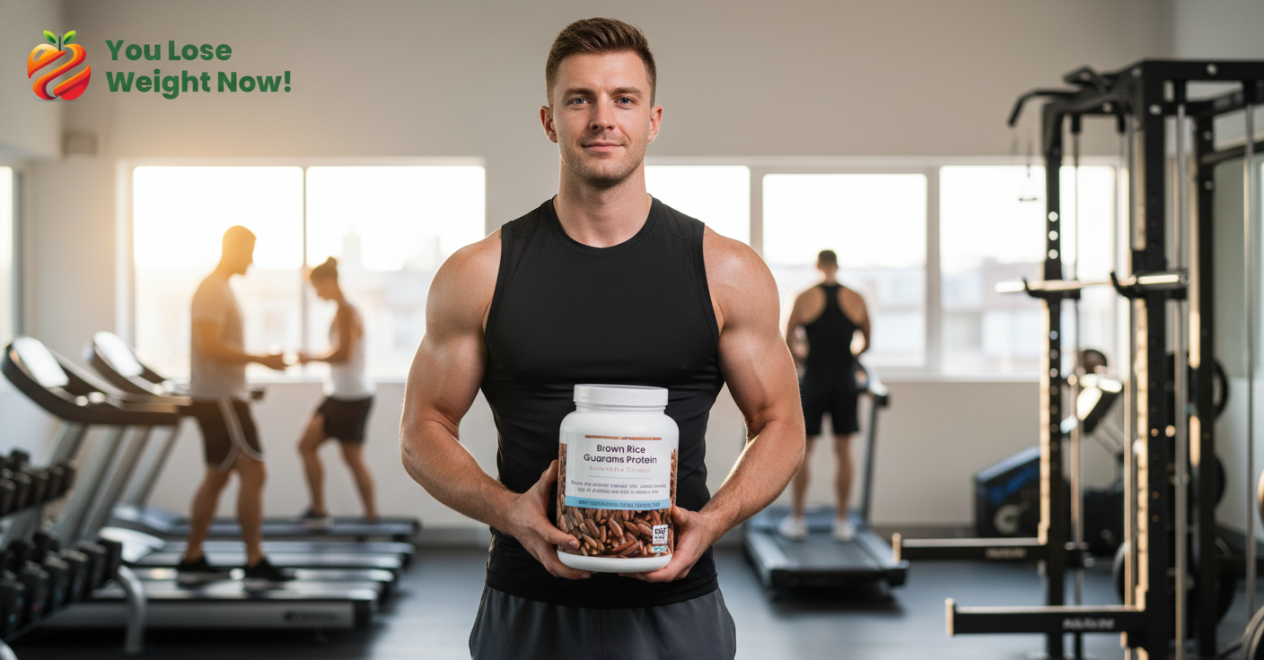 A well-built but not extreme White male, late 20s, athletic and lean with natural muscle definition, in a modern gym holding a 1500ml white round barrel supplement pot after a workout, other gym-goers visible in the background, cinematic natural lighting, editorial quality. The YouLoseWeightNow! logo is visible in the top left corner of the image.