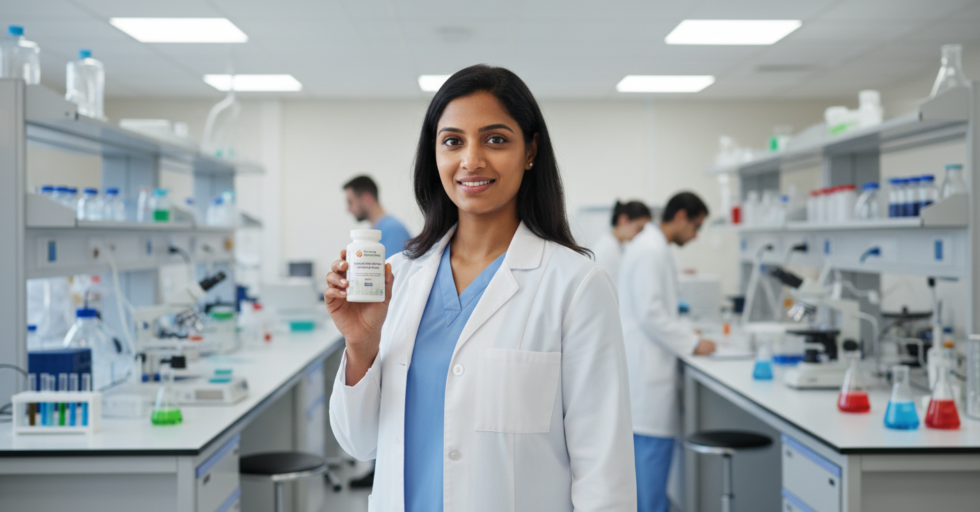 South Asian female scientist in a laboratory holding Antarctic Krill Oil Omega Surge supplement — YouLoseWeightNow