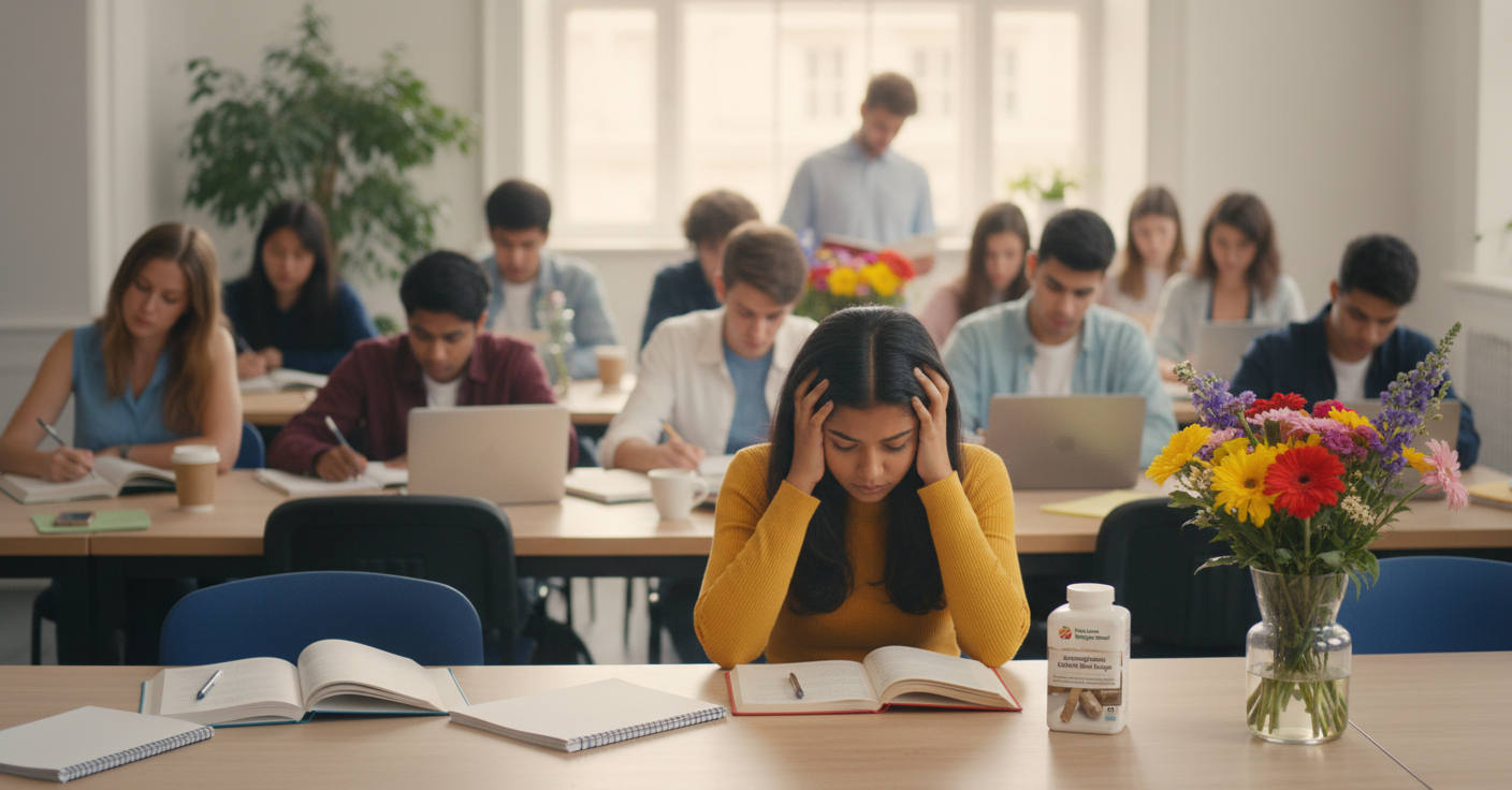 Diverse university students studying in a busy library, stressed South Asian female student in the foreground